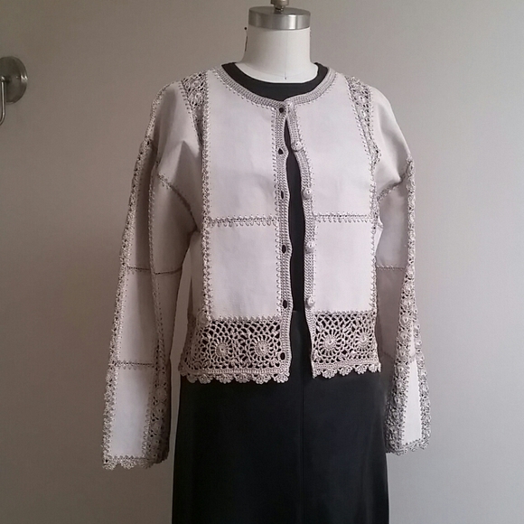 Vintage Patchwork Leather & Crochet Jacket Oatmeal Color M/L - Picture 1 of 9